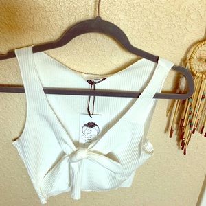 Coven & Co raw edge tie front crop top.